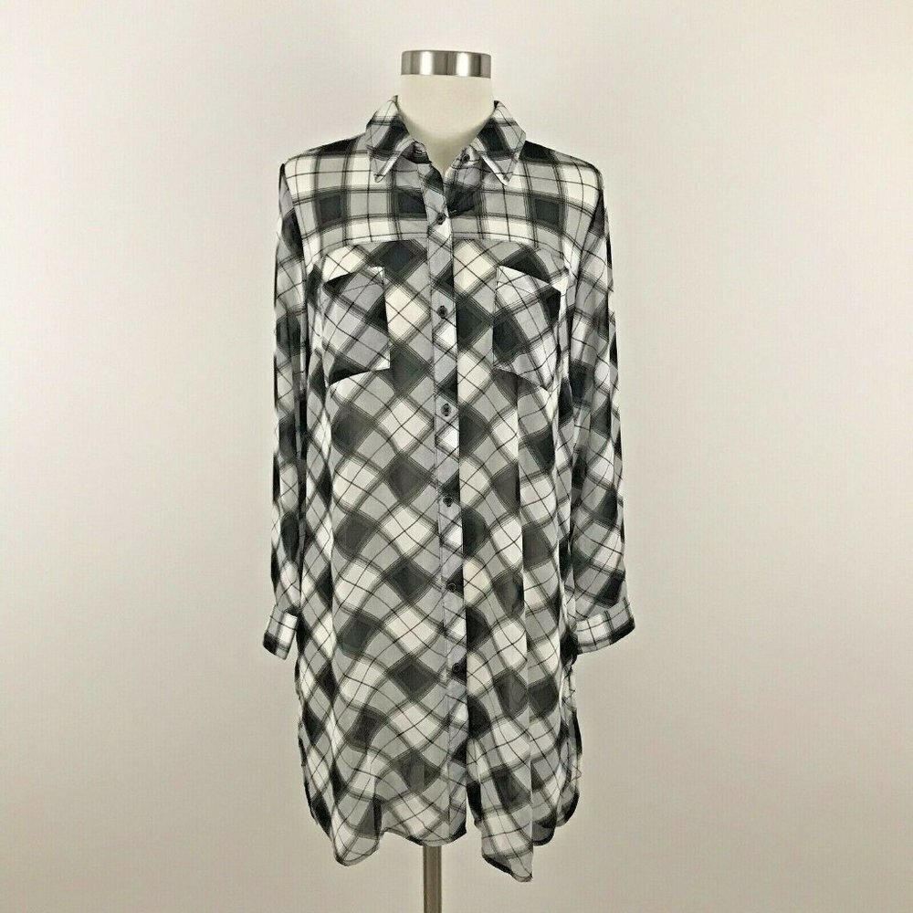 Tribal Womens Tunic Small Black White Plaid Sheer Button Front Collared NWT